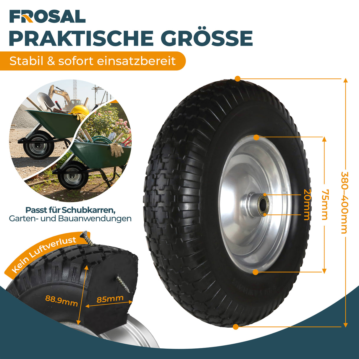 FROSAL PU Schubkarrenrad 400 (380)mm pannensicher | Ersatzrad 4.80/4.00-8 Stahlfelge silber