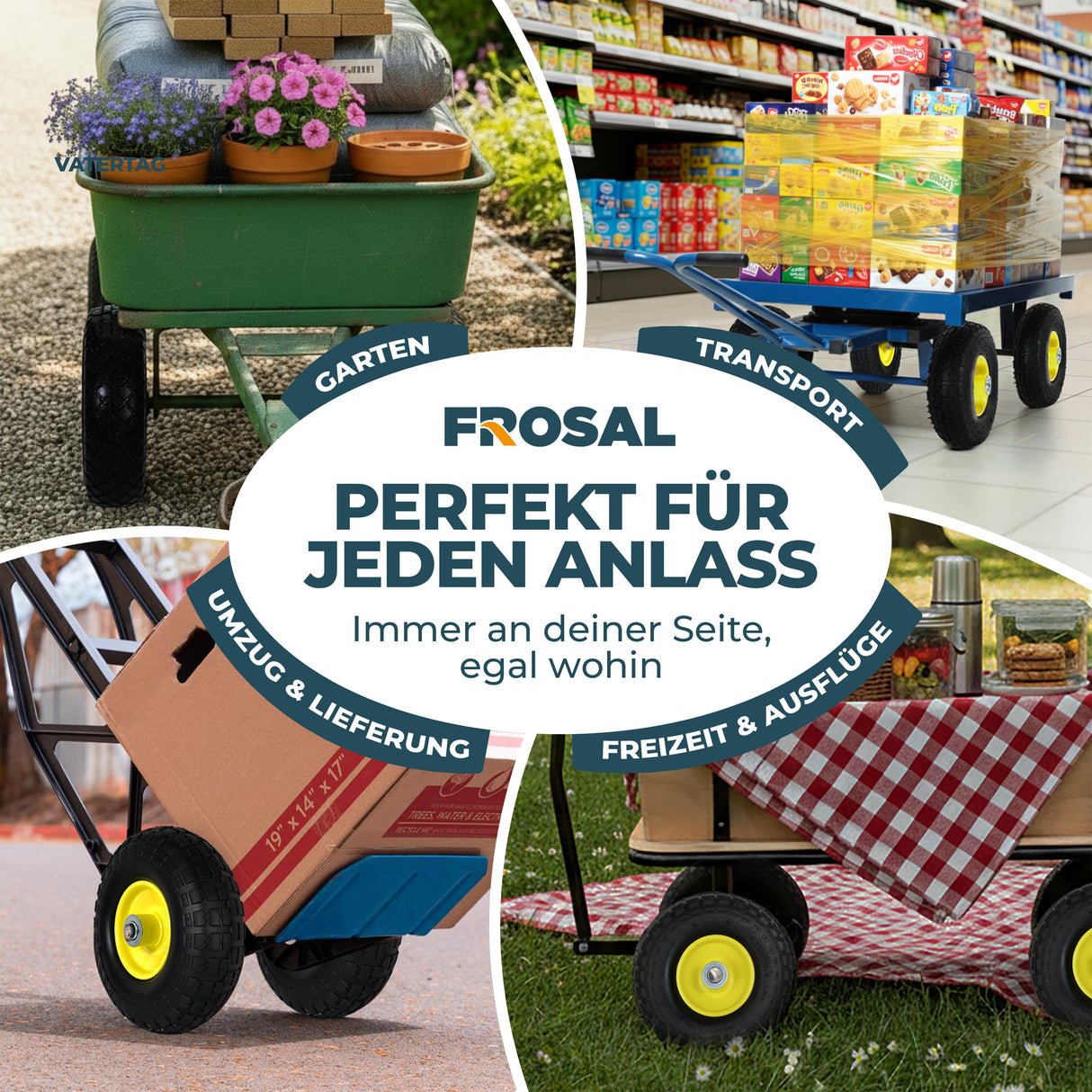 FROSAL Ersatzrad – Luftreifen 4.10/3.50-4 (260x85) – mit Kugellager, Nabenlänge 50 mm, Achsdurchmesser 16 mm, gelbe Stahlfelge – für Bollerwagen & Sackkarre