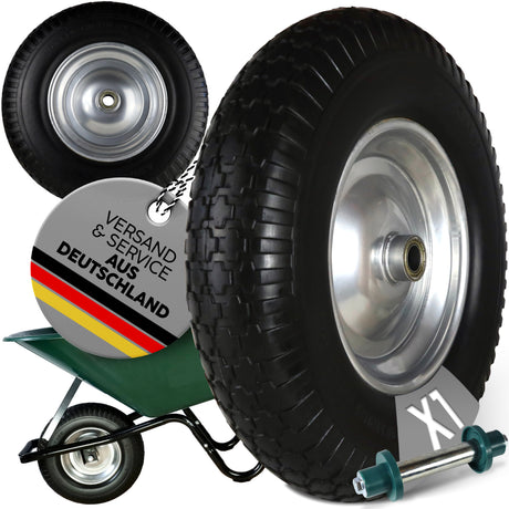 FROSAL PU Schubkarrenrad 400 (380)mm pannensicher | Ersatzrad 4.80/4.00-8 Stahlfelge silber mit Achse