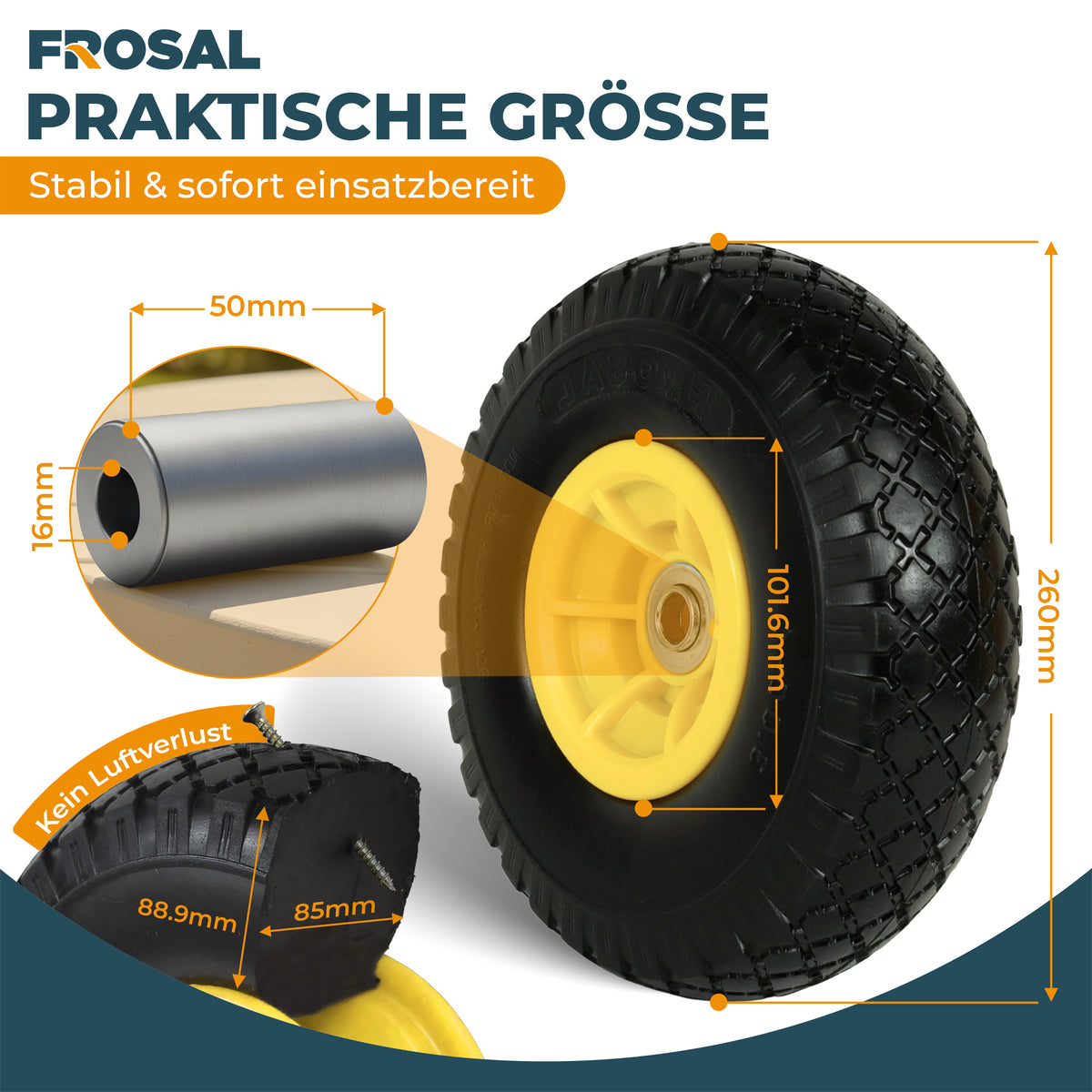 FROSAL Ersatzrad - PU Rad Nabe 16mm/50mm für Bollerwagen oder Sackkarre pannensicher