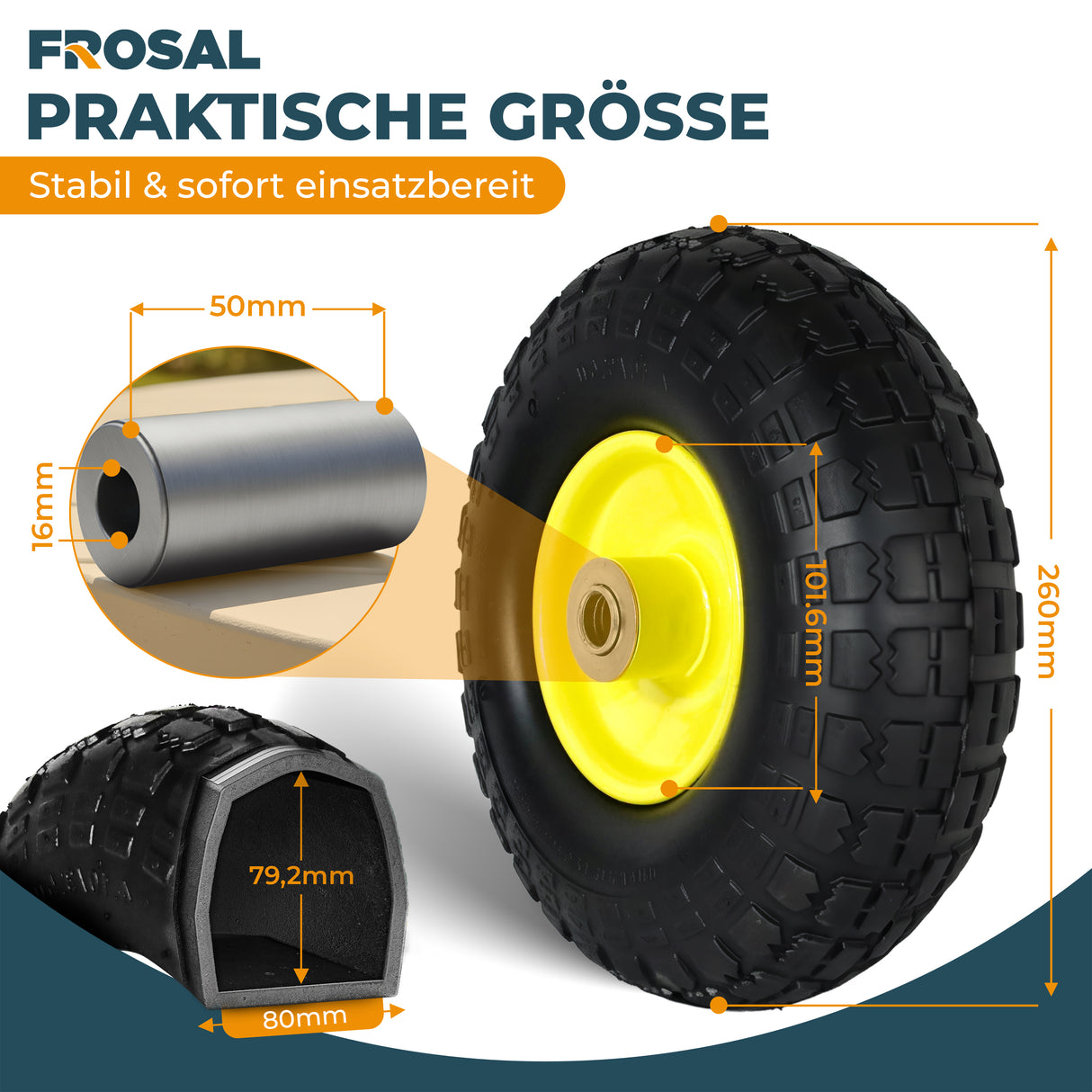 FROSAL Ersatzrad – Luftreifen 4.10/3.50-4 (260x85) – mit Kugellager, Nabenlänge 50 mm, Achsdurchmesser 16 mm, gelbe Stahlfelge – für Bollerwagen & Sackkarre